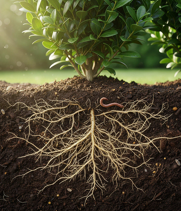 Querschnitt eines gesunden Bodens, der die Bodenbiologie für eine Heckenpflanze darstellt: Sichtbare Wurzeln und ein Regenwurm in dunkler, fruchtbarer Erde.